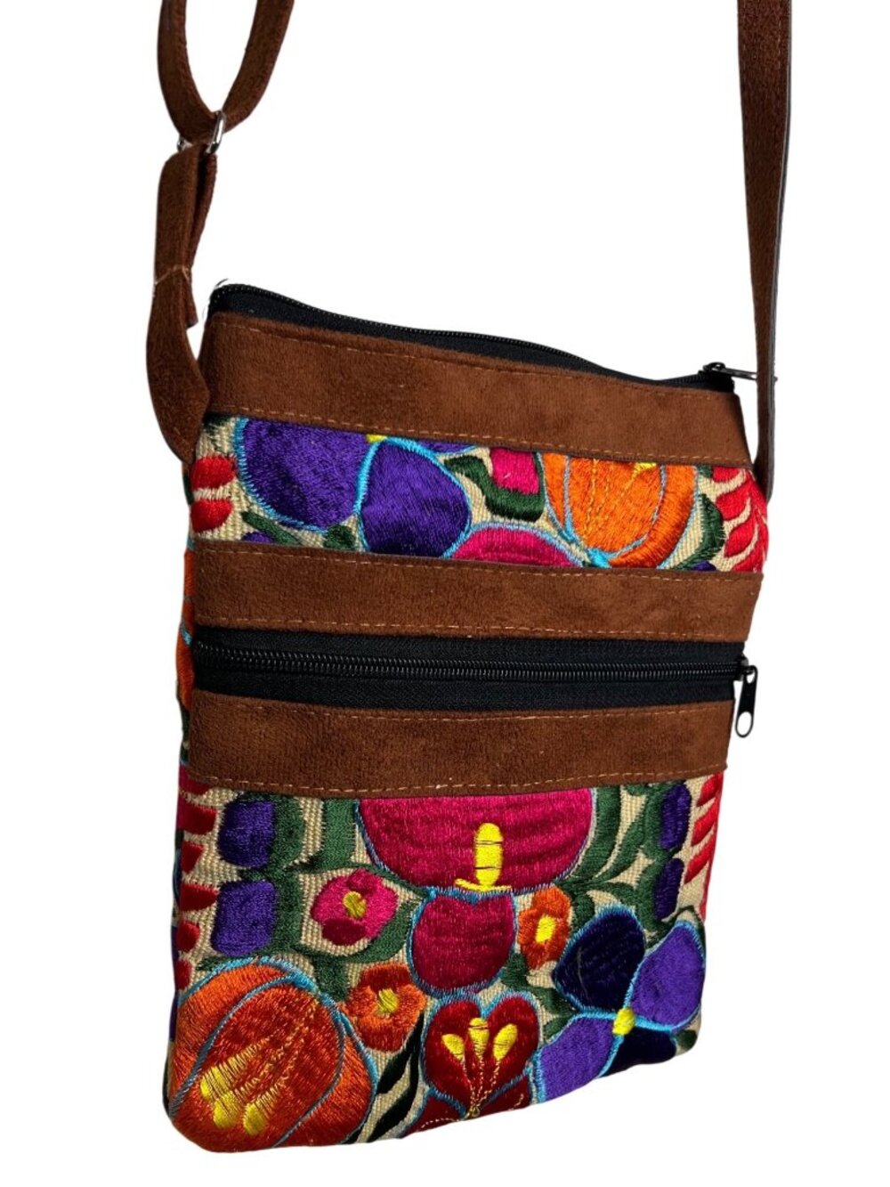 Embroidered Floral And Suede Crossbody